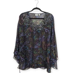 Chico's Paisley Sheer Silk Beaded Poncho Blouse Fairy Grunge Boho Whimsical M/L‎